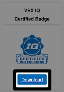 En skärmdump av VEX IQ-certifieringsmärket i instrumentpanelen, med knappen Nedladdning längst ner markerad.