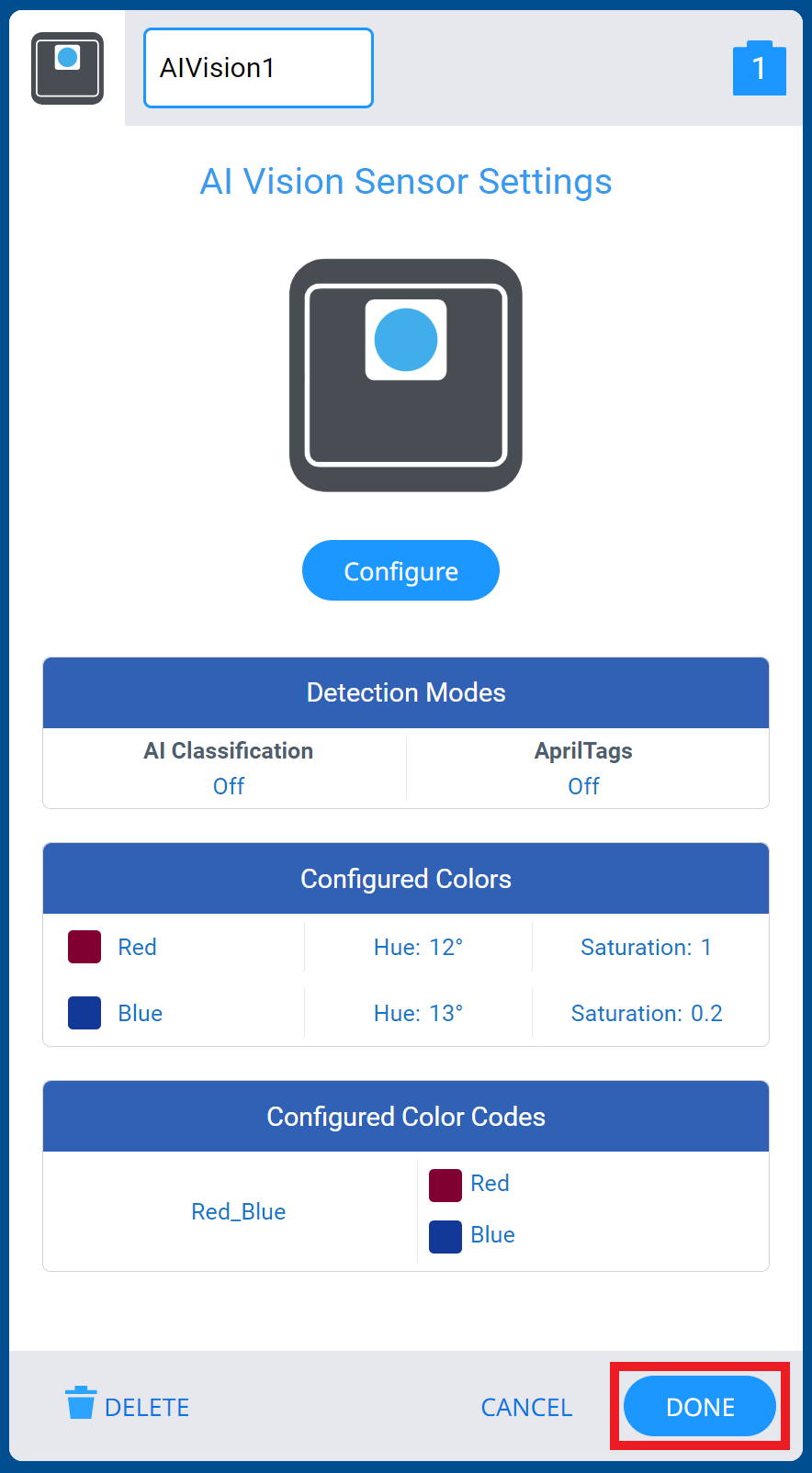 Het menu VEXcode EXP Devices wordt geopend in het menu AI Vision Sensor Settings. De knop Gereed in de rechterbenedenhoek is gemarkeerd.