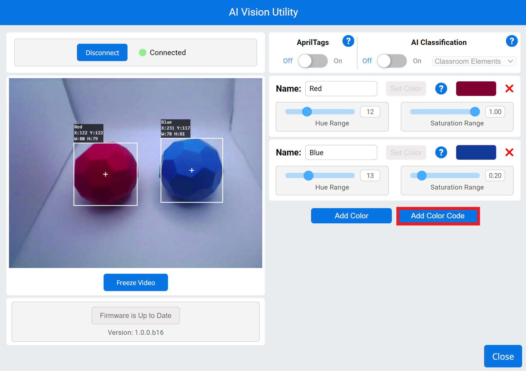 Yeşil, Kırmızı ve Mavi renkler için üç tanımlı Renk İmzası içeren AI Vision Yardımcı Programı. Video akışında, her renkten bir Küpün AI Vision Sensörü tarafından izlendiği gösteriliyor.