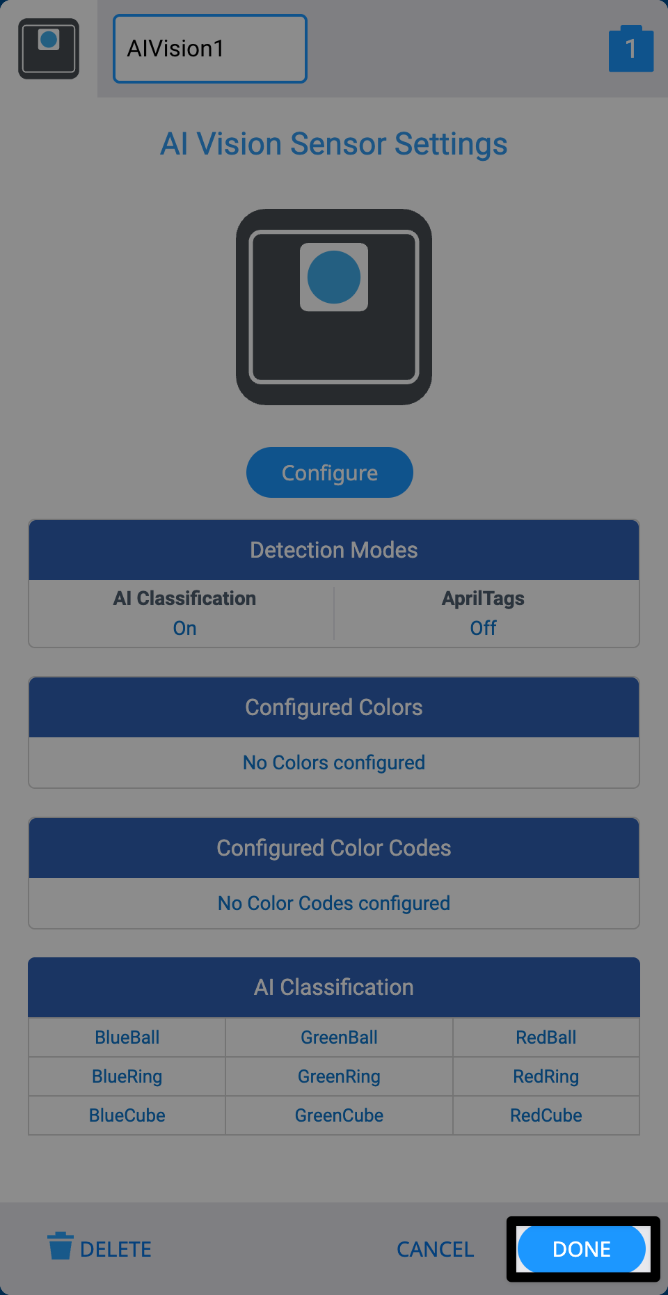 Het menu VEXcode EXP Devices wordt geopend in het menu AI Vision Sensor Settings. In het instellingenmenu staat dat de AI-classificatiedetectiemodus is ingeschakeld. De knop Gereed in de rechterbenedenhoek is gemarkeerd.