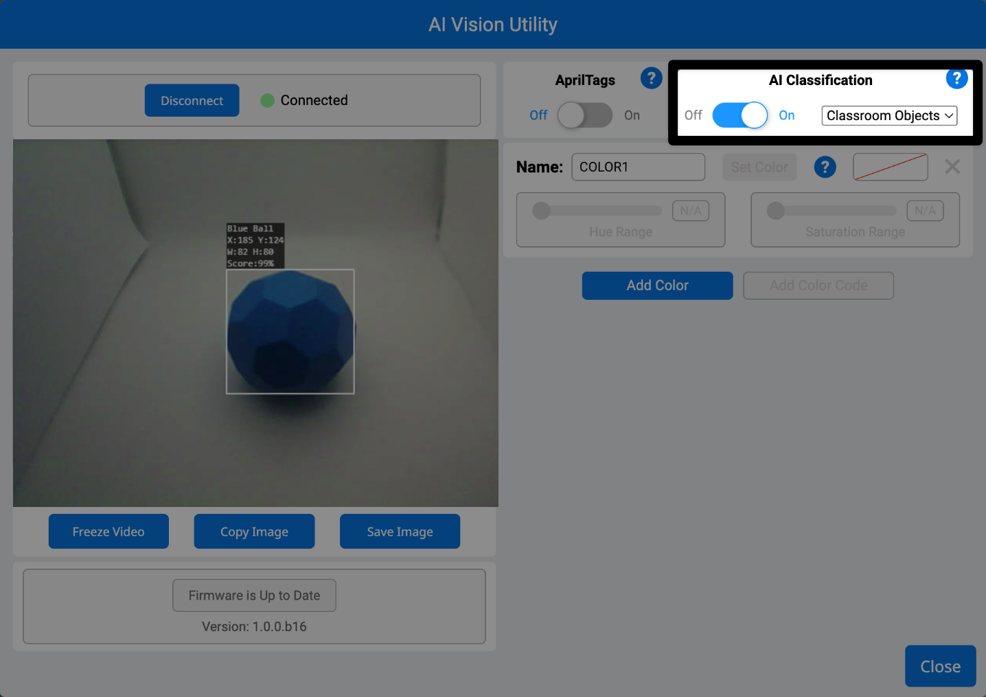 AI 분류 옵션이 강조 표시된 AI Vision Utility 메뉴입니다. 기본적으로 이 옵션은 꺼져 있습니다.