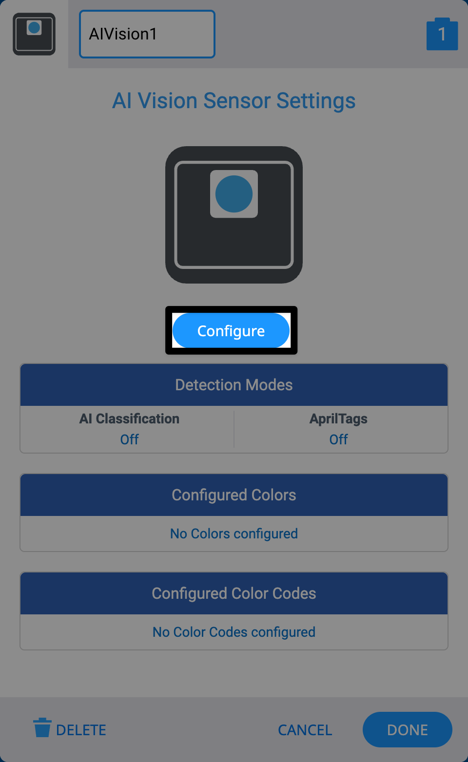 VEXcode EXP の AI ビジョン センサー設定メニュー。センサーには AIVision1 というラベルが付いています。 大きな AI ビジョン センサー アイコンが表示され、その下に [構成] というラベルの付いた青いボタンが強調表示されます。
