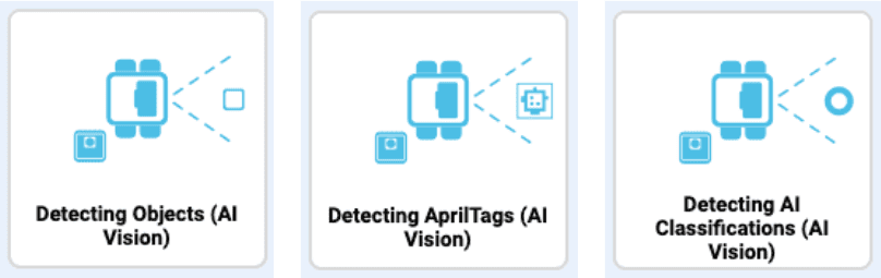 세 가지 프로젝트 썸네일이 표시되어 있으며, 각각 'AI Vision 객체 감지', 'AI Vision AprilTags 감지', 'AI Vision 분류 감지'로 구성되어 있습니다.