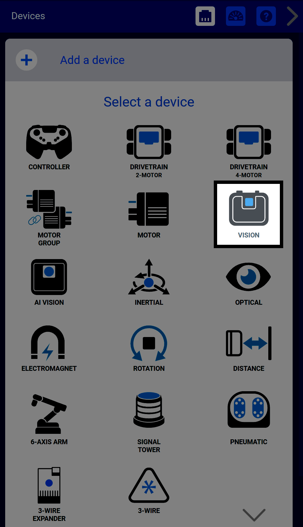 O menu Dispositivos no VEXcode EXP apresenta uma grelha de ícones que representam os dispositivos disponíveis. O ícone do sensor de visão está destacado com uma margem branca.