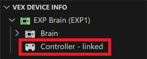 Controller staat vermeld onder de map VEX Device Indicator. Deze Controller leest Controller, gekoppeld.