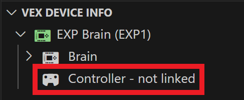 Controller is listed underneath the VEX Device Indicator folder. This Controller reads Controller, not linked.