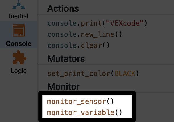 A VEXcode GO eszközkészlet Konzol részében kiemelt Monitor Sensor és Monitor Variable parancsok.