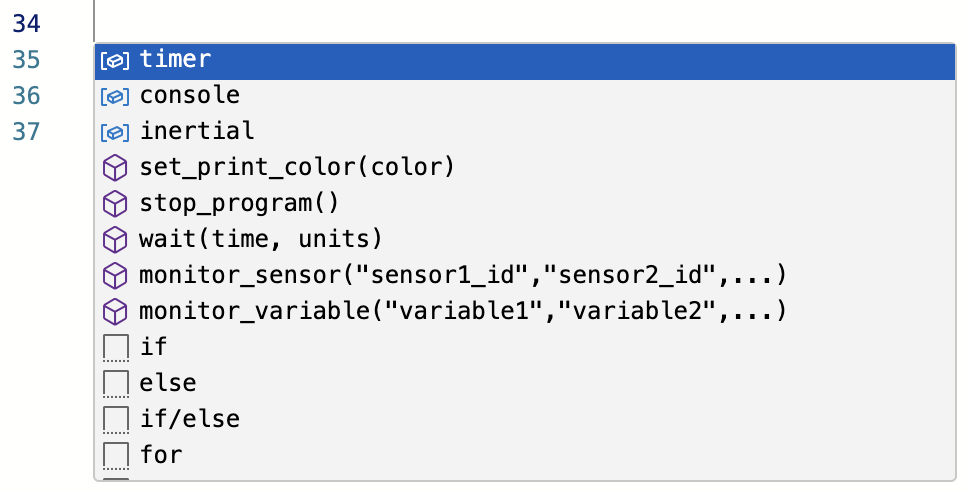 VEXcode GO で Control キーと Space キーを同時に押すと表示される選択メニューのスクリーンショット。