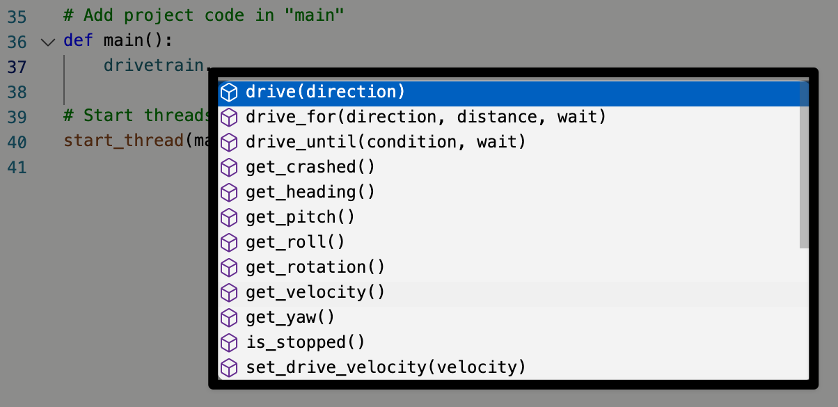 Een schermafbeelding van de selectie van de puntoperator om het volgende deel van een opdracht toe te voegen waarmee het robotpuntscherm begint. De volledige lijst met beschikbare opdrachten is gemarkeerd.