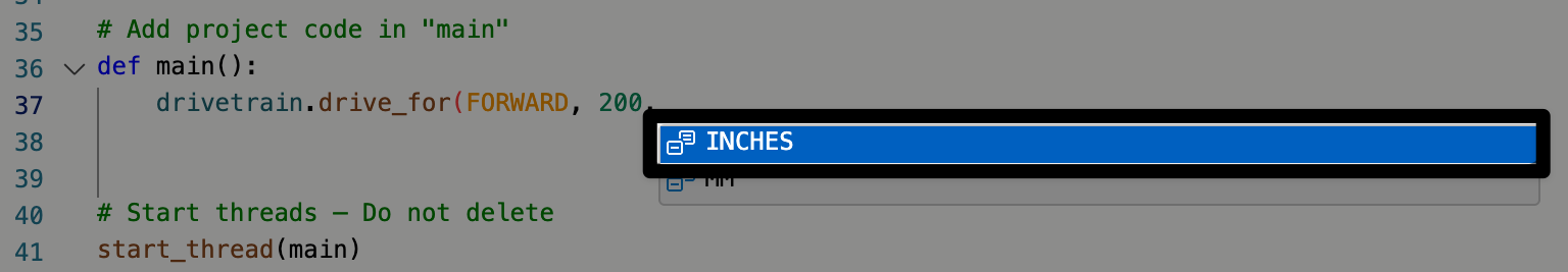 Een schermafbeelding met de selectieopties om de volgende parameter van de methode te voltooien. De eerste optie in inches is gemarkeerd.