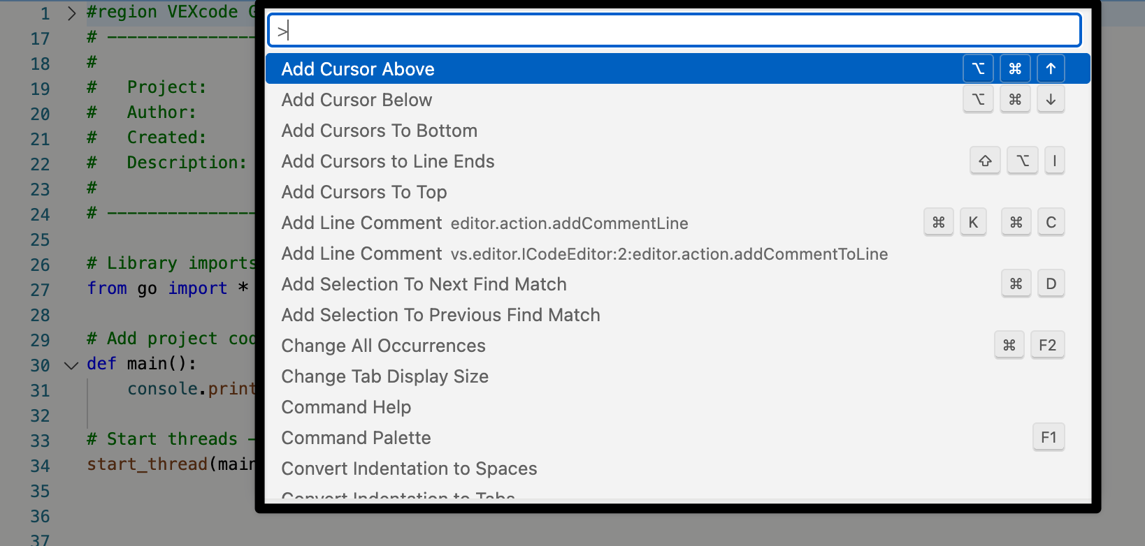 Lista menu palety poleceń wyświetlana powyżej kodu VEXcode GO Python