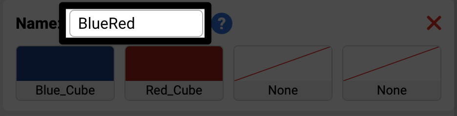 Textové pole s názvem v pravém horním rohu konfiguračního pole barevného kódu se zadaným názvem BlueRed.