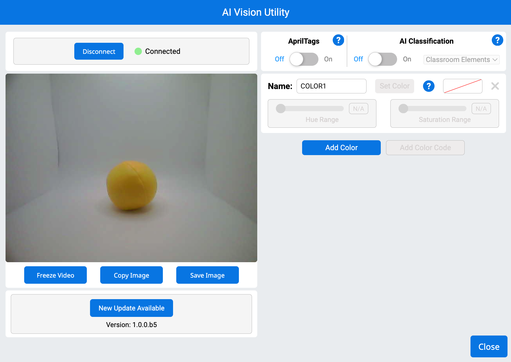 AI Vision Utility geopend. Er is een gele bal in het raam te zien.