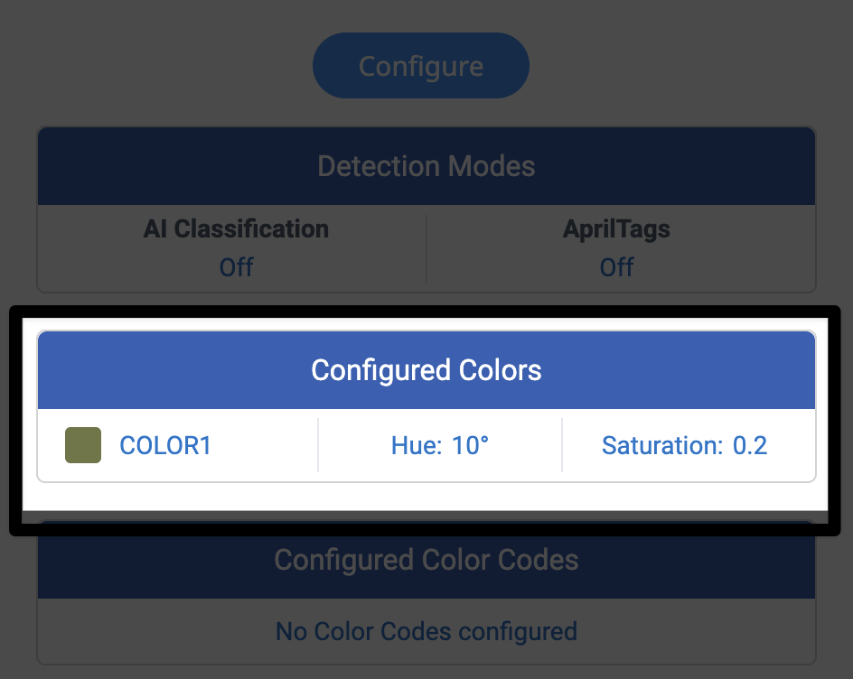 La firma colore 1 viene visualizzata nella sezione dei colori configurati della finestra Dispositivi. Si nota un valore di tonalità di 10 gradi e una saturazione di 0,2.