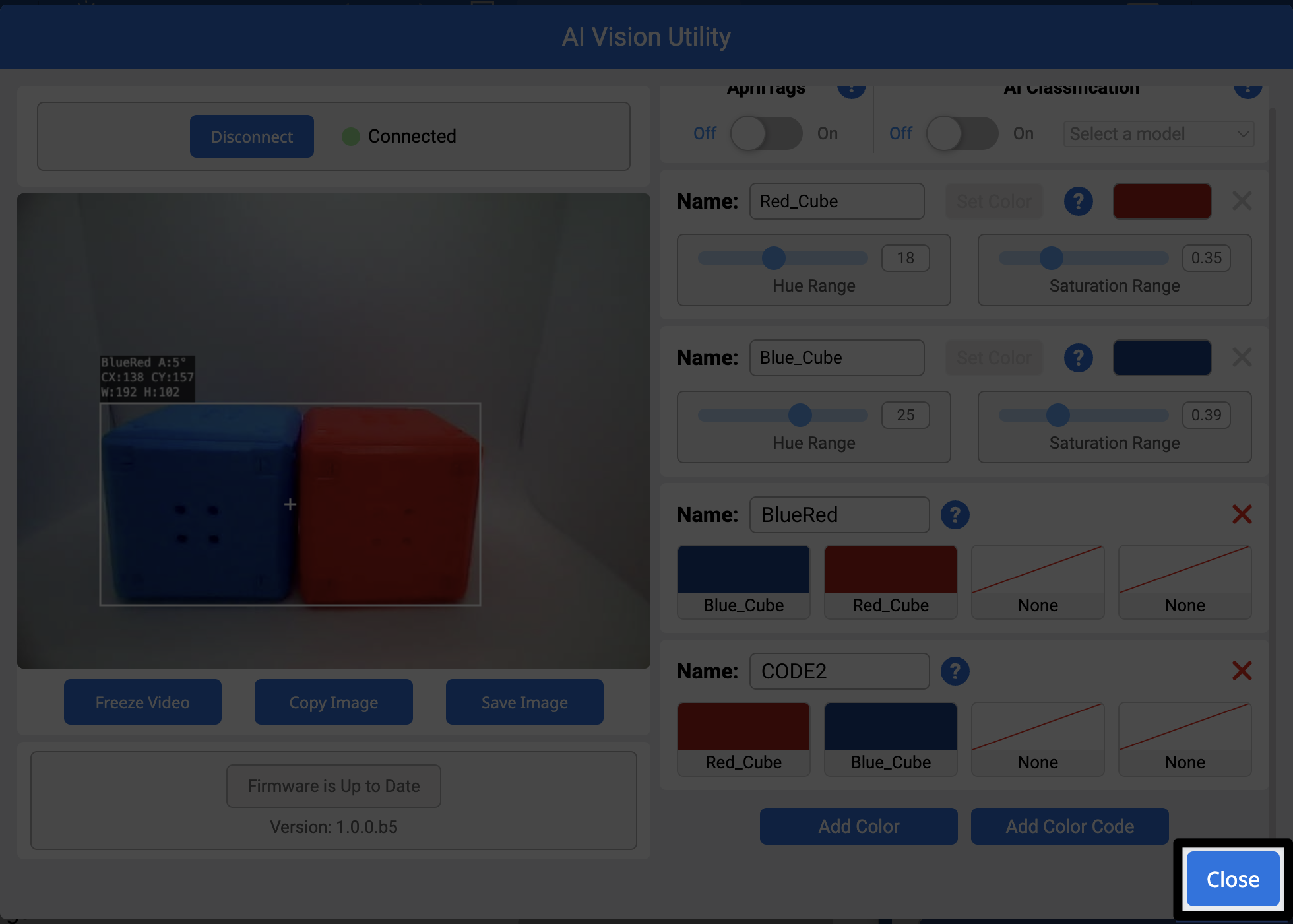 Aizvēršanas poga, kas ir iezīmēta AI Vision Utility apakšējā labajā stūrī.