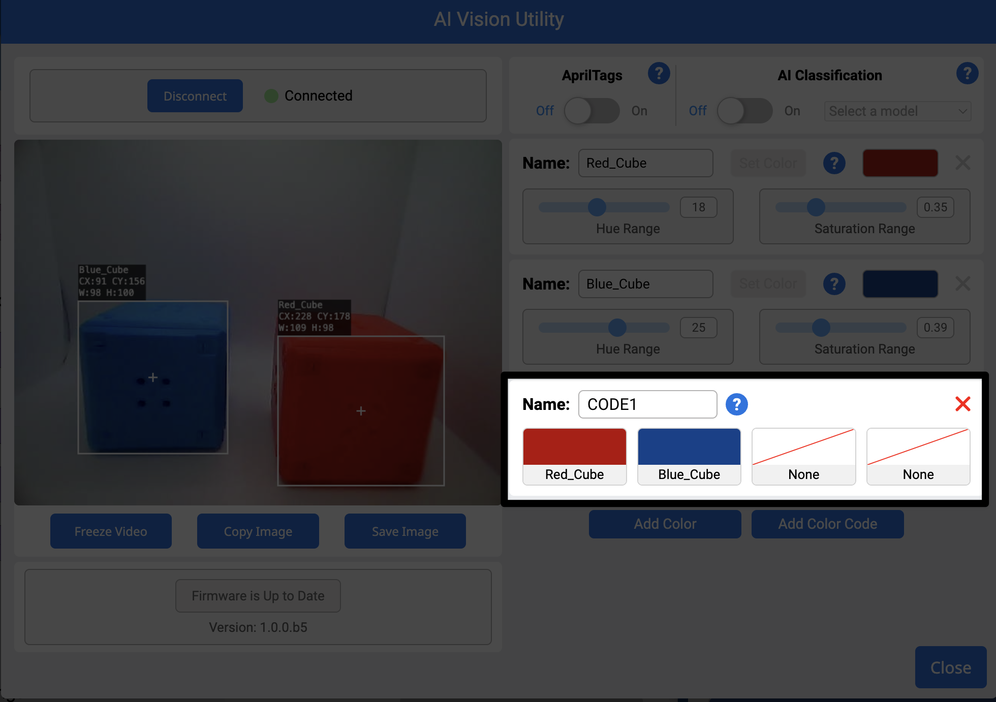 Открытая утилита AI Vision с новой настроенной цветовой кодировкой. Цветовой код называется Код! и состоит из цветовых подписей Red Cube и Blue Cube, где красный цвет находится слева, а синий — справа.