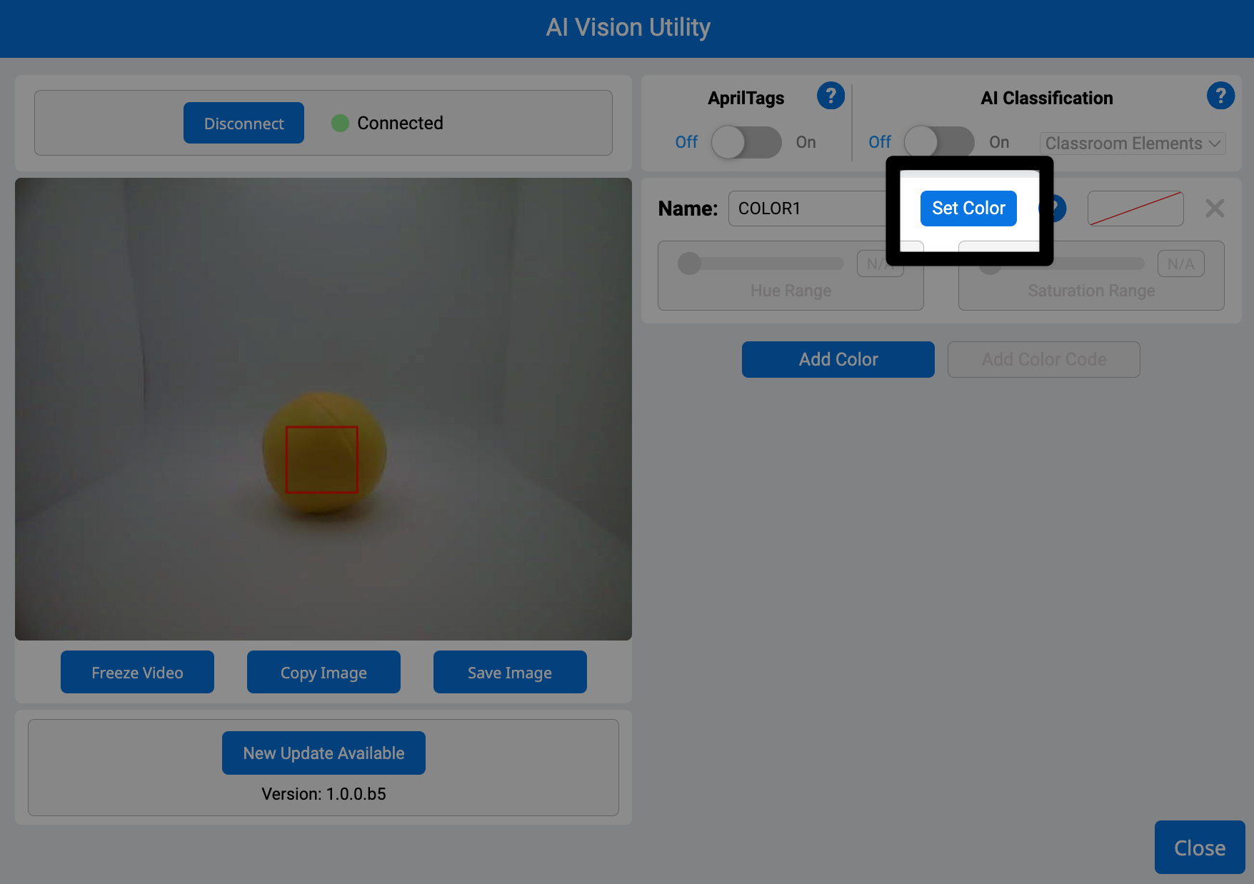 AI Vision -apuohjelma avattu. Tekoälyluokitukset-valitsimen alapuolella oikealla puolella olevan Aseta väri -painikkeen ympärillä on korostus.