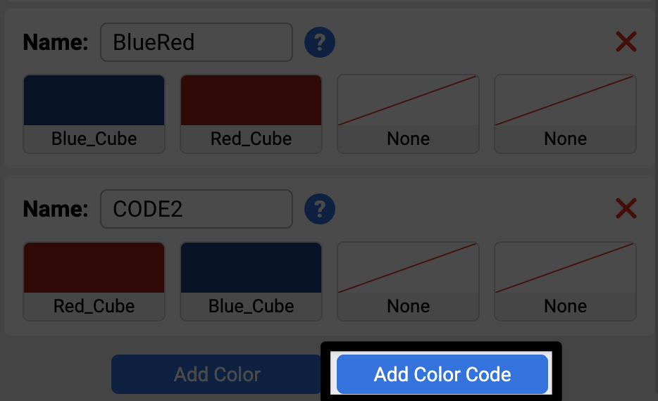 El cuadro de configuración del código de color con el botón Agregar código de color en la parte inferior derecha resaltado.