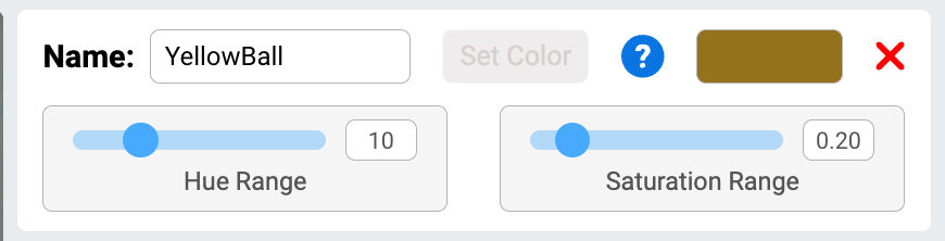 Gros plan sur l'utilitaire AI Vision montrant la couleur configurée nommée « Boule jaune ». Les curseurs situés sous le nom indiquent la plage de teinte (de 0 à 100) et la plage de saturation (de 0,00 à 1,00).