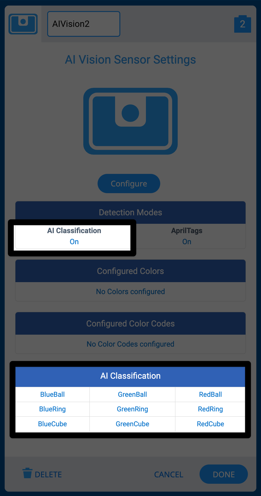 Utilitas AI Vision di VEXcode dengan sorotan pada area yang bertuliskan Deteksi Klasifikasi AI aktif. Sorotan kedua dapat dilihat pada tabel Klasifikasi AI di bagian bawah yang menunjukkan daftar klasifikasi yang tersedia.