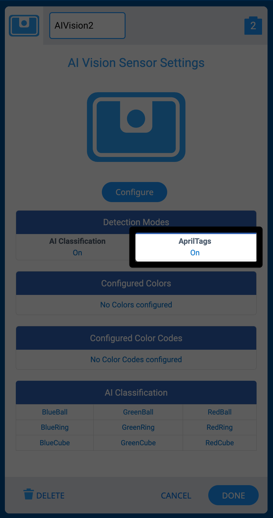 VEXcode の AI Vision Utility で、AprilTag 検出がオンになっている領域がハイライト表示されます。 