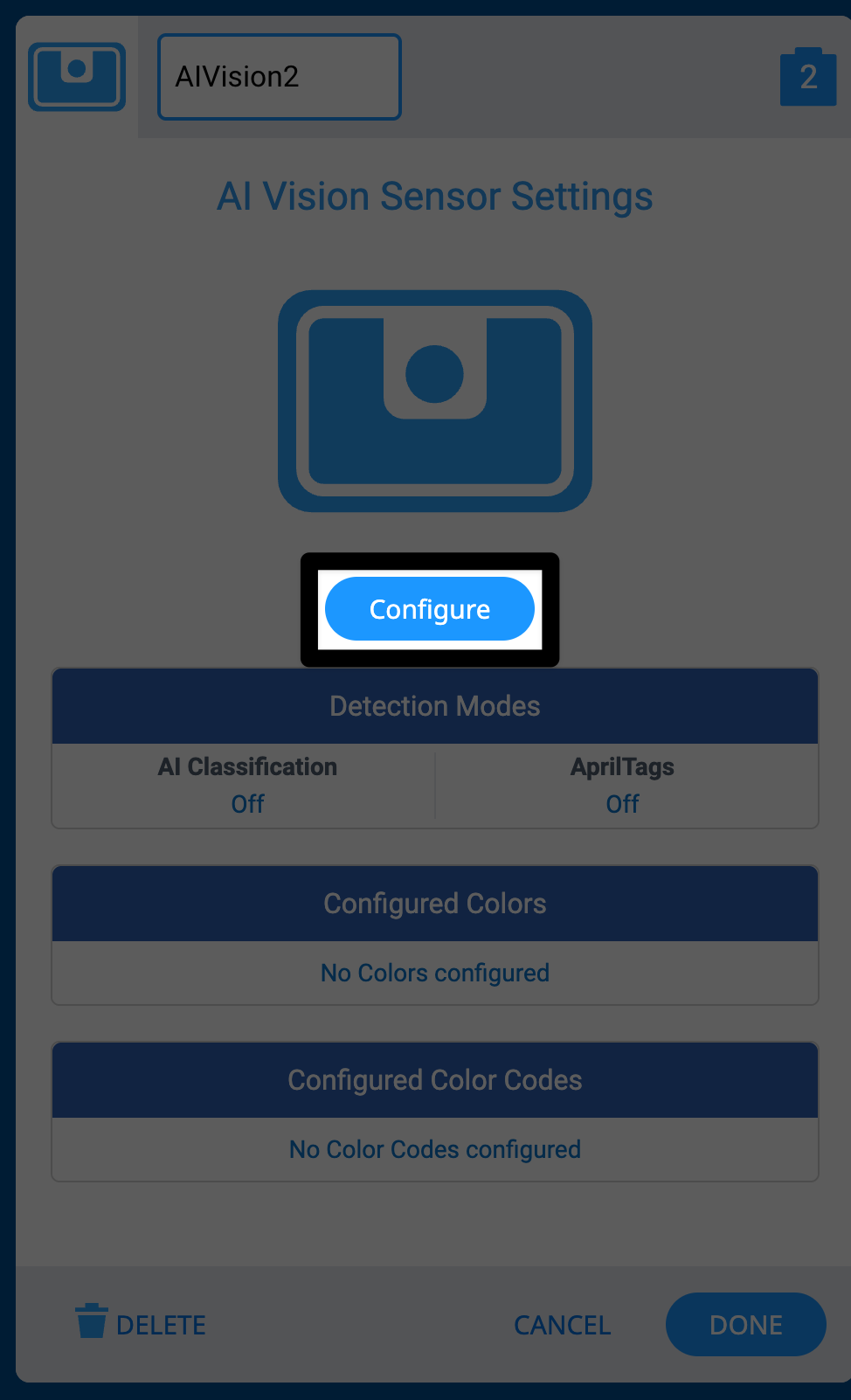 Vexcode'da, yapılandır yazan bir düğmenin vurgulandığı AI Vision sensörünü gösteren Aygıtlar penceresi.