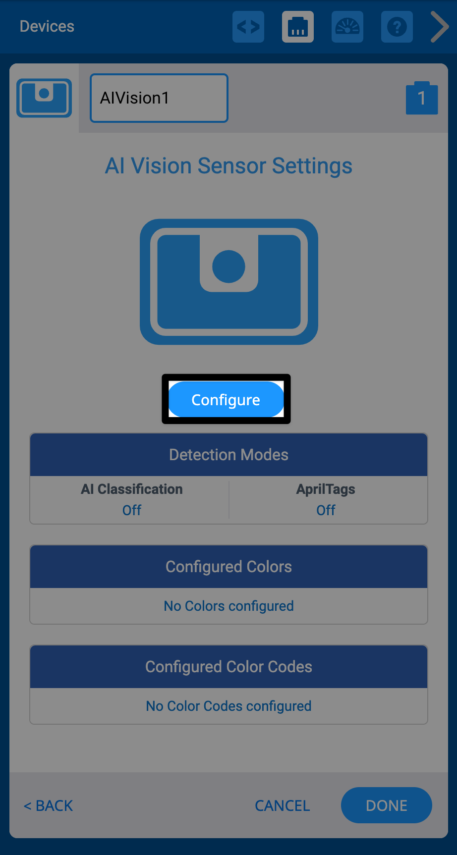Menu de l'appareil VEXcode IQ, page des paramètres du capteur AI Vision. Le bouton de configuration est mis en surbrillance.