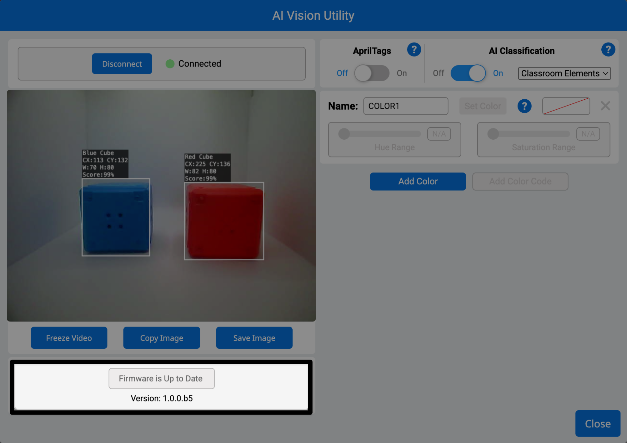 L'utilitaire de vision par IA VEXcode IQ avec firmware est à jour. version 1.0.0.b5 mise en évidence