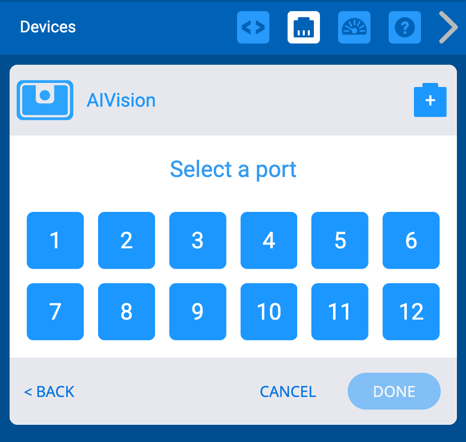 VEXcode IQ Gerätemenü mit AIVision. Wählen Sie einen Port von 1 bis 12. 