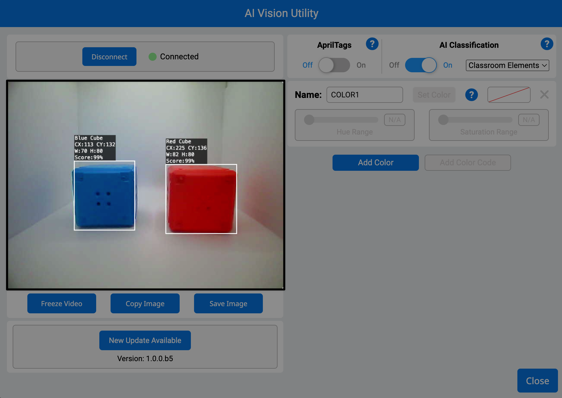 VEXcode IQ AI vision Utility. Сол жақтағы камера арнасы бөлектелген.