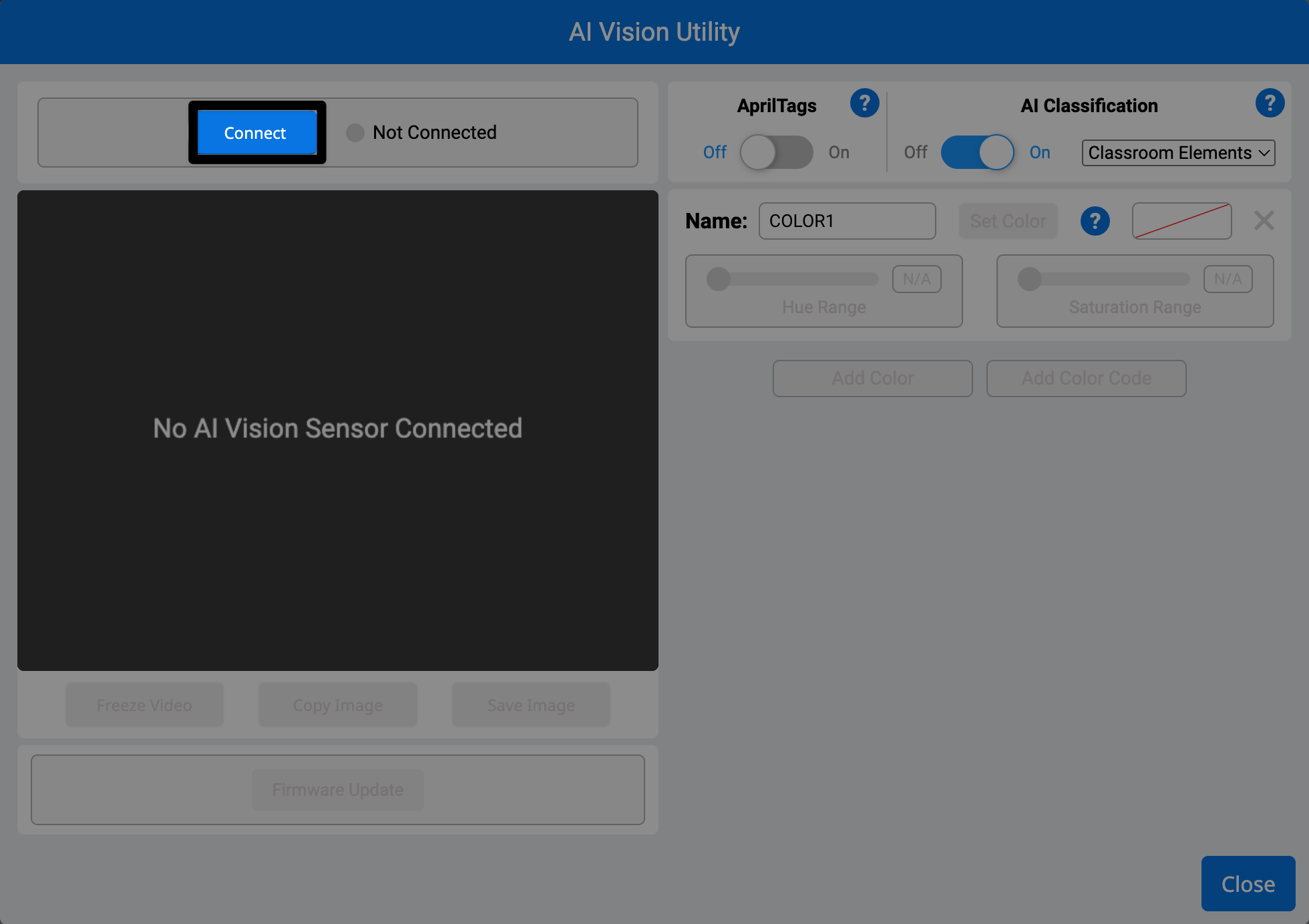 Utilidad de visión de inteligencia artificial VEXcode IQ. El botón de conexión está resaltado.