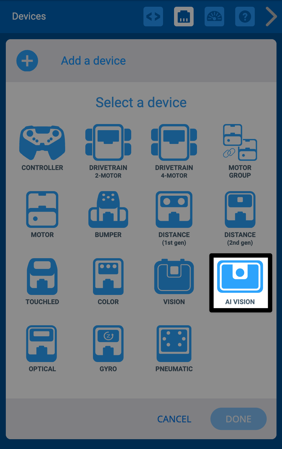 Menú de dispositivos VEXcode IQ con selección de una pantalla de dispositivo. Se resalta el sensor AI Vision.