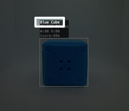 Tampilan dekat Blue Cube yang dideteksi oleh AI Vision di Utility. Sorotan menyoroti sebagian teks di atas objek yang bertuliskan Blue Cube