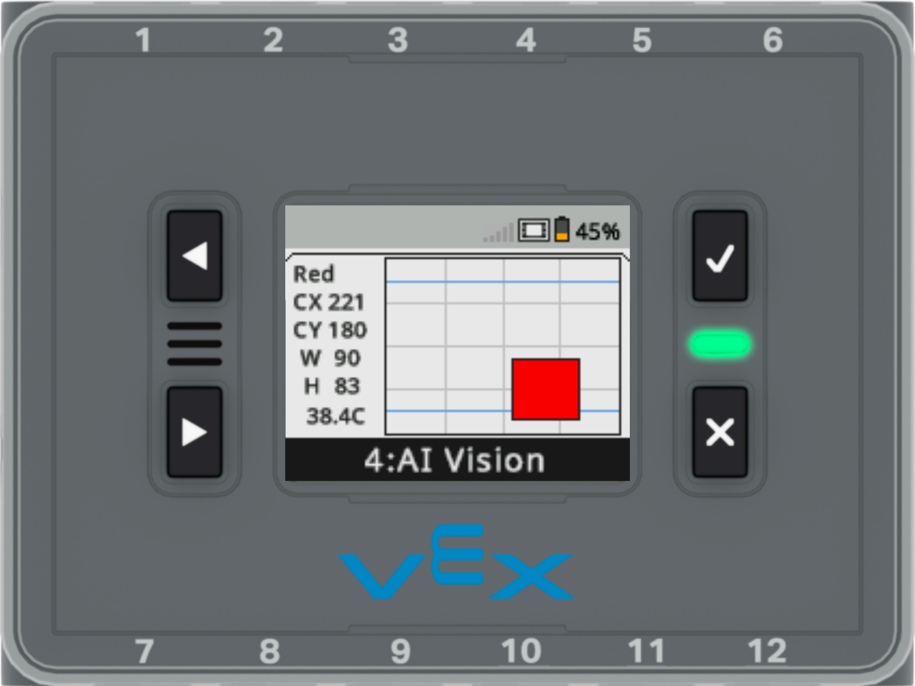 VEX IQ -aivot tekoälynäköikkunalla. Keskellä punainen laatikko. lue CX 221, CY 180, L 90, K 83, 38,4C