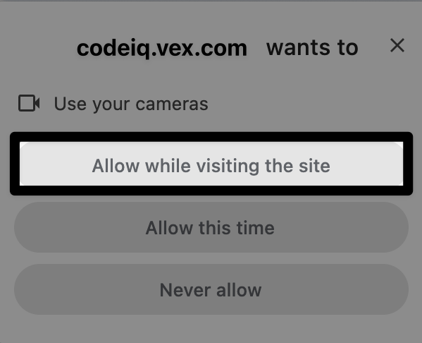 กล่องโต้ตอบการอนุญาต macOS ใน AI Vision Utility ใน VEXcode IQ ปุ่มที่ระบุว่า อนุญาตขณะเยี่ยมชมไซต์ จะถูกเน้นไว้
