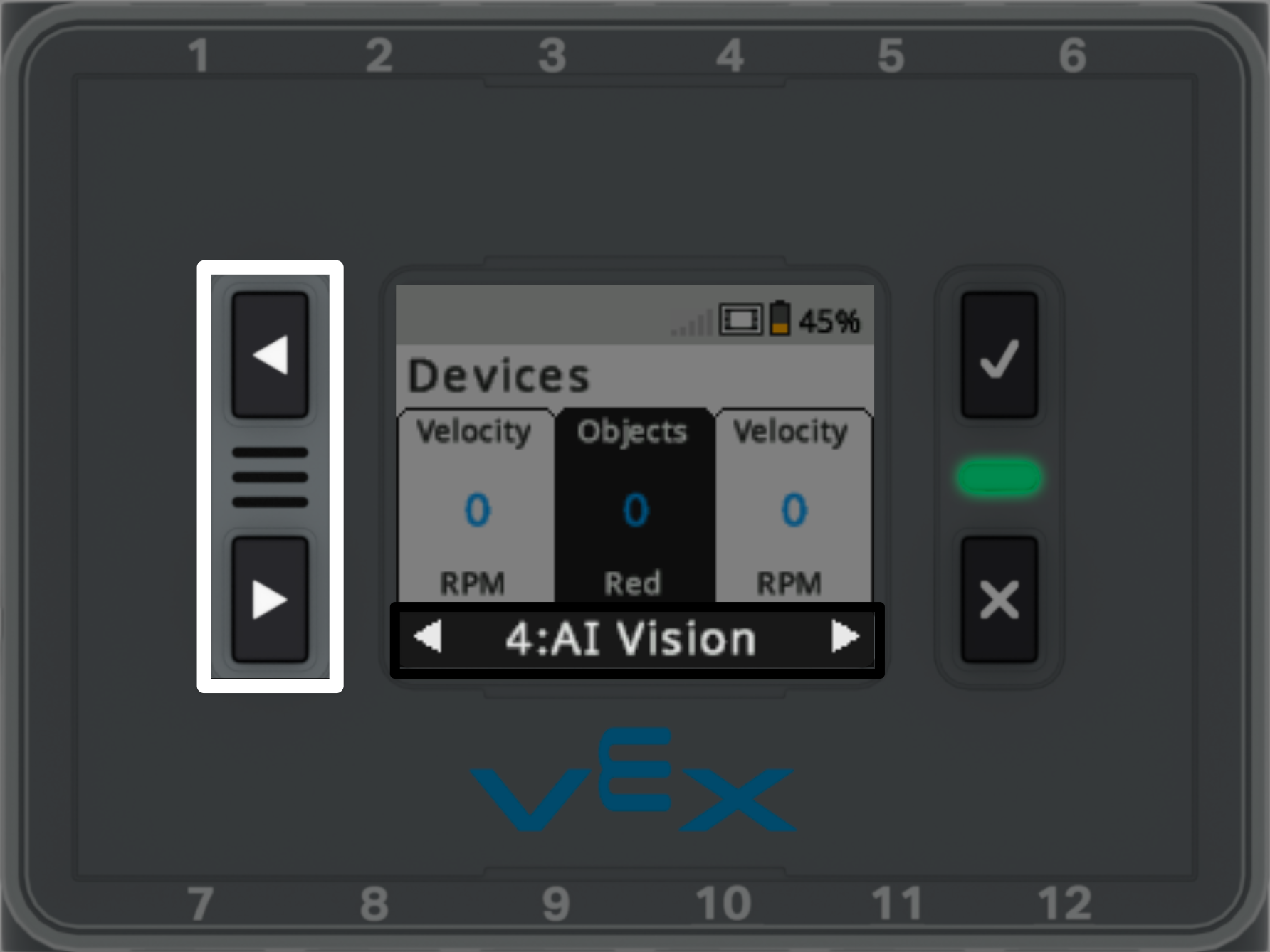VEX IQ cerveau avec 4 : Vision IA sélectionnée. Les flèches gauche et droite sont mises en évidence.