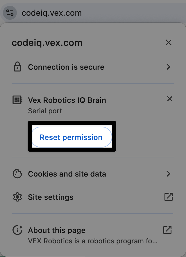 El cuadro de diálogo de permisos para VEXcode IQ basado en web con el botón Restablecer permisos resaltado.