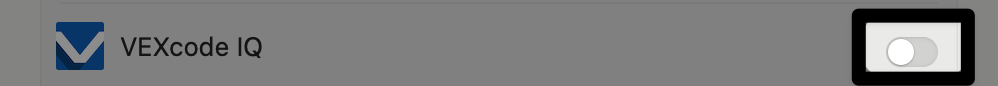 Ikona a název VEXcode IQ se zobrazí vlevo a přepínač je vpravo vypnutý.
