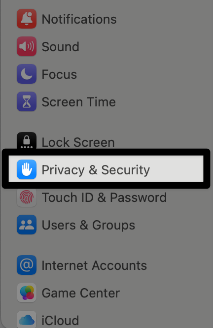 De opties voor systeeminstellingen worden weergegeven, waarbij de optie Privacy en beveiliging is gemarkeerd.