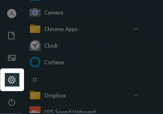 Sākuma izvēlne Windows darbvirsmā, kuras kreisajā pusē ir iezīmēta zobrata formas iestatījumu ikona.