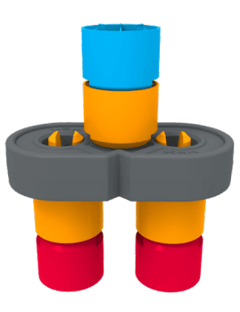 Exemple d'image de notation montrant la poutre placée au-dessus de deux piles multicolores, avec une troisième pile multicolore fixée au sommet de la poutre.