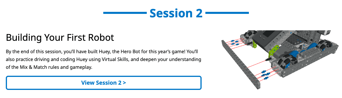 Una captura de pantalla de la descripción de la Sesión 2 de la Competencia 101: VIQRC Mix & Match STEM Lab, que muestra un paso de las instrucciones de construcción a la derecha. La descripción de la izquierda dice Construyendo tu primer robot: ¡Al final de esta sesión, habrás construido a Huey, el robot héroe del juego de este año!