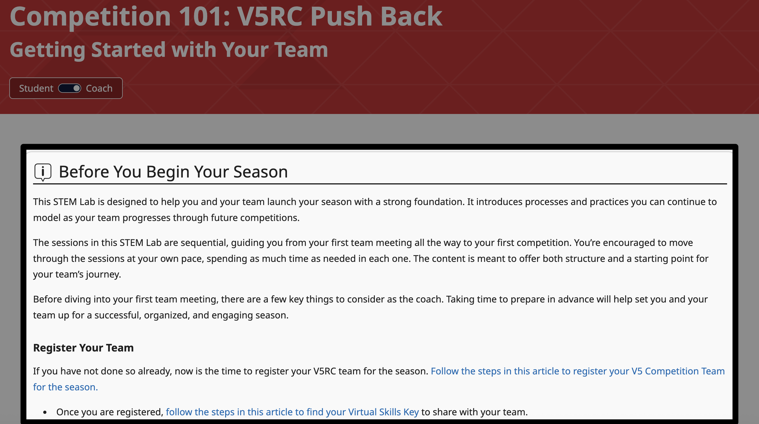 V5RC Push Back STEM Lab'in 1. Oturumunun başlangıcının ekran görüntüsü, Koç seçeneği açık ve Sezonunuza Başlamadan Önce bölümü vurgulanmış halde.