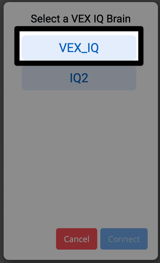Ein Screenshot in Nahaufnahme des Fensters zur Auswahl des Gehirns, auf dem oben „Wählen Sie ein VEX IQ Gehirn aus“ steht, wobei die erste Option VEX_IQ hervorgehoben ist und anzeigt, welches Gehirn aus der Liste ausgewählt werden soll.