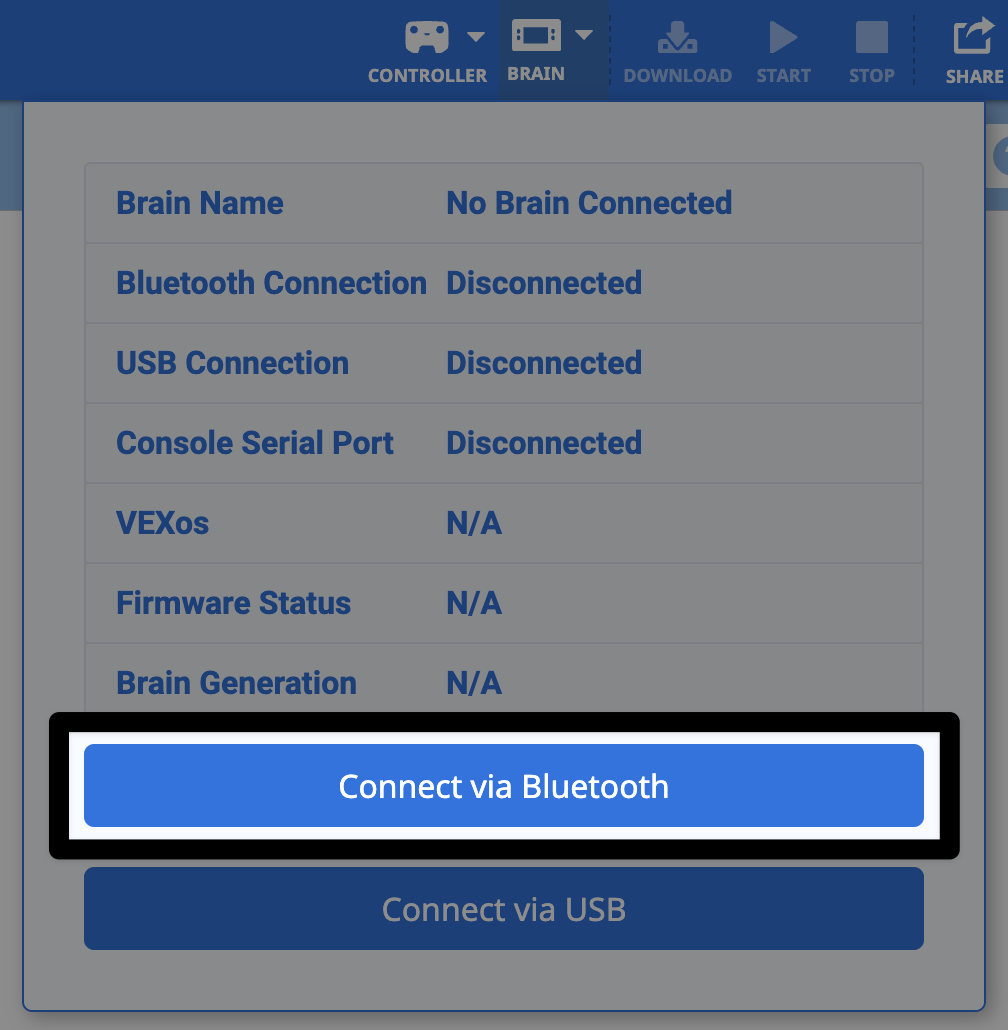 Een screenshot van het Brain-menu dat geopend is in de rechterbovenhoek van VEXcode IQ. De knop Verbinden via Bluetooth is onderaan het menu gemarkeerd, boven de knop Verbinden via USB.