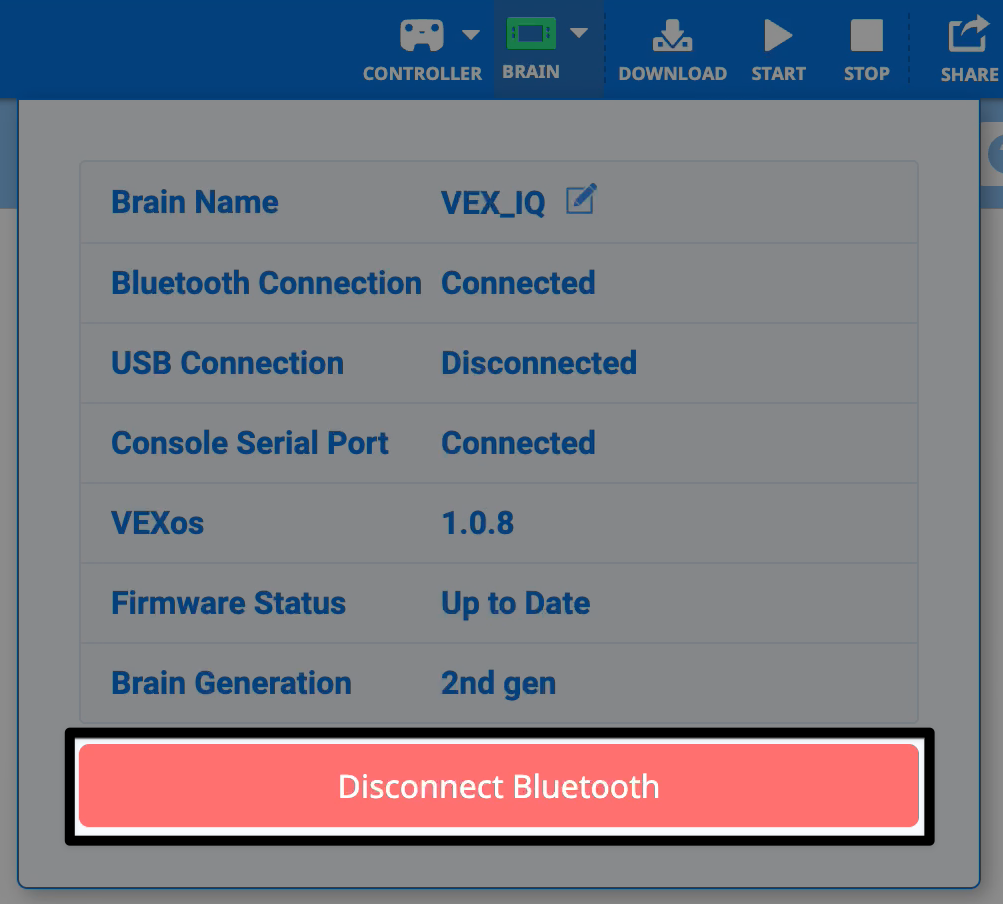 Dezelfde afbeelding als de vorige, maar deze keer is de knop Bluetooth verbreken helemaal onderaan het Brain-menu gemarkeerd.