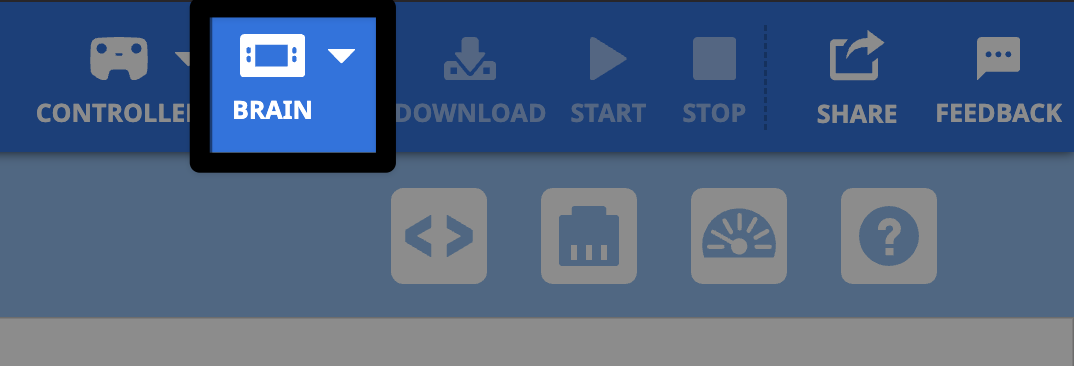 Una captura de pantalla en primer plano de la esquina superior derecha de la barra de herramientas VEXcode IQ. El ícono del cerebro está resaltado, a la derecha del ícono del controlador. 