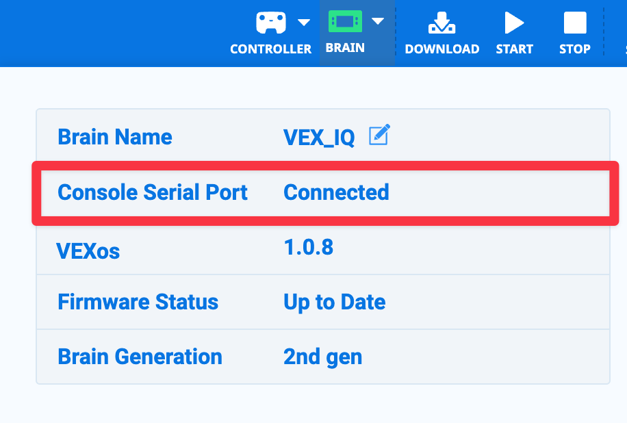 VEXcode IQ met het dropdownmenu 'Brain' geopend en een reeds aangesloten Brain. De status van de seriële poort van de console is Verbonden en is gemarkeerd.
