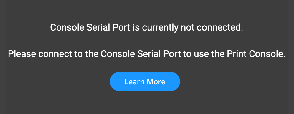 Die VEXcode IQ Print Console ist nicht verfügbar und zeigt die Meldung „Konsolen-Seriellport ist derzeit nicht verbunden“ an. Bitte verbinden Sie sich mit dem seriellen Konsolenanschluss, um die Druckkonsole zu verwenden. Unten finden Sie einen Link mit weiteren Informationen.
