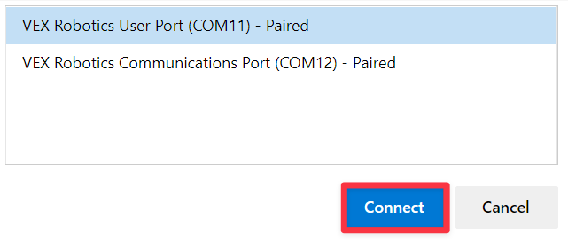 Windows-Browser-Verbindungsfenster, in dem der Eintrag „Vex Robotics Benutzerport“ ausgewählt ist. Die Schaltfläche „Verbinden“ unten ist hervorgehoben.
